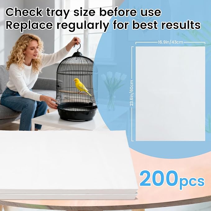 23.6x16.9in Bird Cage Liners - 200 Sheets Pre-cut Disposable Cage Tray Liners, High Absorbent Non-Woven Pads for Parrots, Cockatiels and Small Animals - Image 2