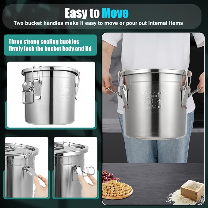 DYNAMI 304 Stainless Steel Airtight Canister for Kitchen, 3.2Gal/405oz Flour Container with Lid and Locking Clamp,10-21Lbs Metal Bucket Food Storage Container for Rice, Flour, Grain, Coffee Bean(12L) - Image 4