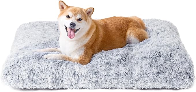EHEYCIGA Fluffy Dog Crate Bed for Large Dogs, Plush Faux Fur Pad, Grey | Calming Anti Anxiety Large Dog Crate Bed, Washable Soft Warm Mat with Non-Slip Bottom by EHEYCIGA