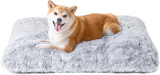 EHEYCIGA Fluffy Dog Crate Bed for Large Dogs, Plush Faux Fur Pad, Grey | Calming Anti Anxiety Large Dog Crate Bed, Washable Soft Warm Mat with Non-Slip Bottom by EHEYCIGA