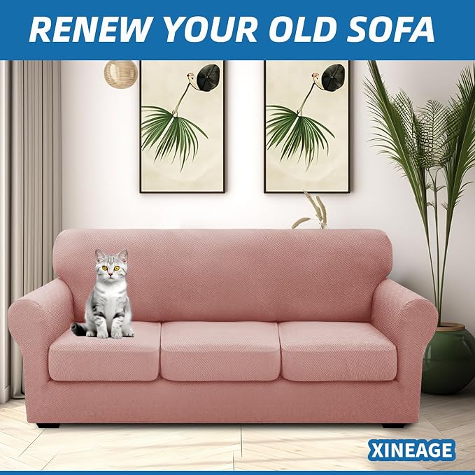 XINEAGE New 4 Pieces Couch Covers for 3 Cushion Couch Super Stretch Thick Soft Sofa Cover Anti Slip Sofa Slipcover Dogs Cats Furniture Protector (Dusty Pink, 71"-91") - Image 4