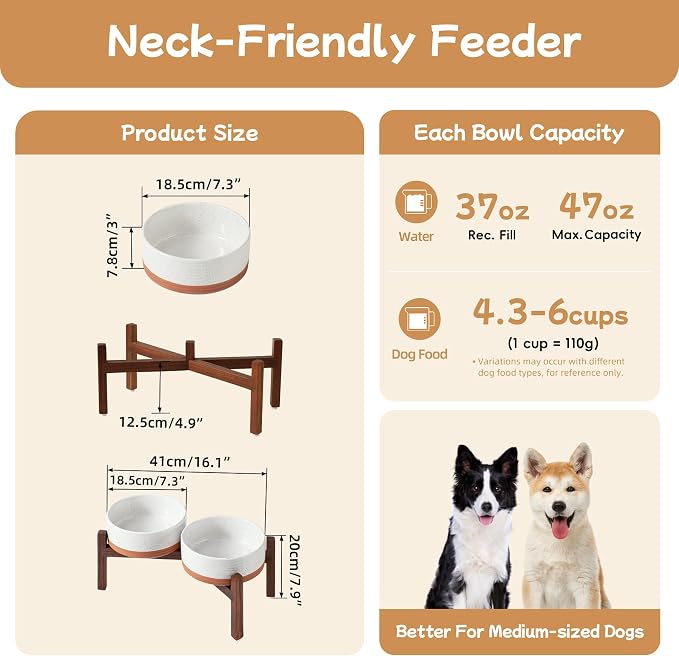 Havniva Elevated Dog Bowls, Ceramic Raised Dog Bowl with Stand | 7.3” Dog Food Bowls Elevated, Dog Food and Water Bowl Set, Non-Slip Acacia Wood Stand, Medium Dogs Bowl, 5 Cups 41 oz - Image 2