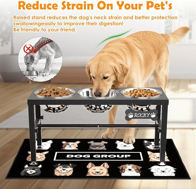 3-in-1 Slow Feeder Dog Bowl Stand, Elevated Raised Feeder with 1 Slow Feed & 3 Stainless Steel Bowls, Iron Stand, Custom Name Plate & Mat - Easy Clean for Fast Eaters, Multiple Dogs - Image 2