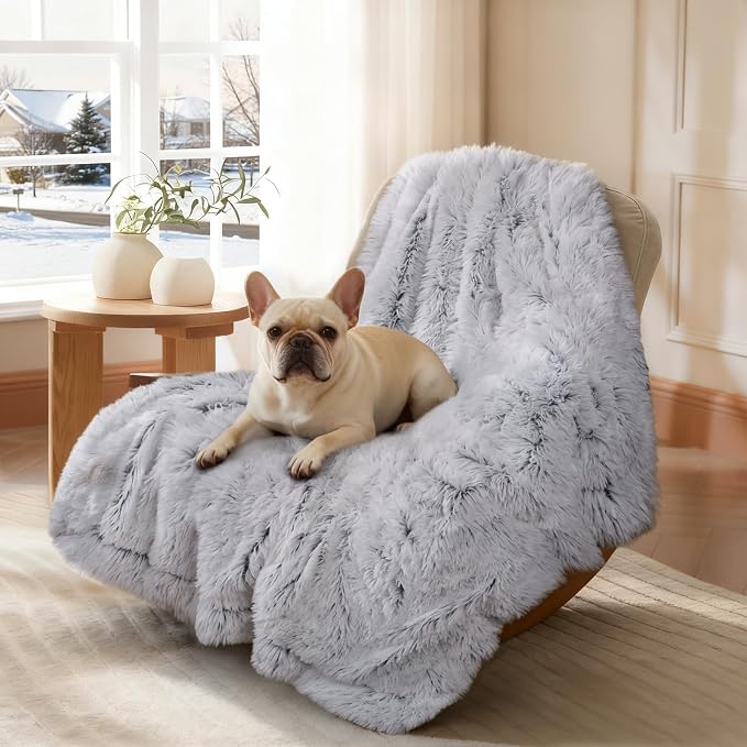 Luciphia Large Waterproof Dog Blanket Pet Washable Liquid Proof Furniture Protector Small Shaggy Plush Calming Long Faux Fur Bed Cover for Couch Cat Blankets for Kitten Doggy, Mist Grey, 30" x 40" - Image 5