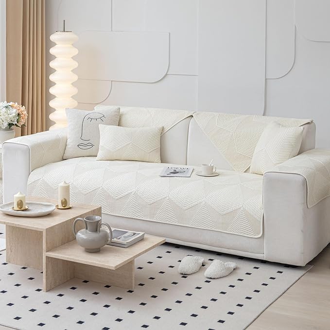 vctops Cotton Quilted Couch Covers for Sectional Sofa (Cream,28"x47") | Geometric Washable Non Slip Sofa Slipcover for Dogs, Children, Pets Furniture Protector Cover - Image 6