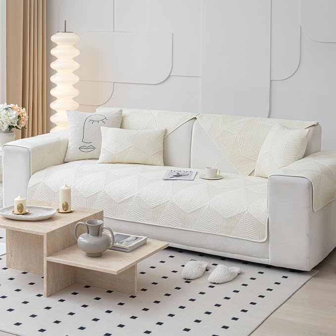 vctops Cotton Quilted Couch Covers for Sectional Sofa (Cream,43"x70") | Geometric Washable Non Slip Sofa Slipcover for Dogs, Children, Pets Furniture Protector Cover - Image 6