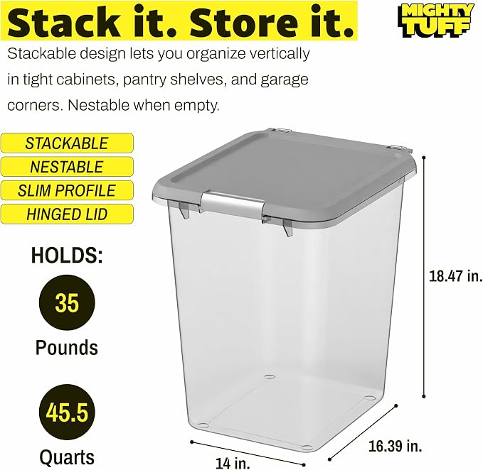 Mighty Tuff 35 lb Pet Food Storage Container with Airtight Lid, Clear | Secure lid clasp helps keep dog and cat food fresh while the clear container simplifies pantry organization. - Image 2