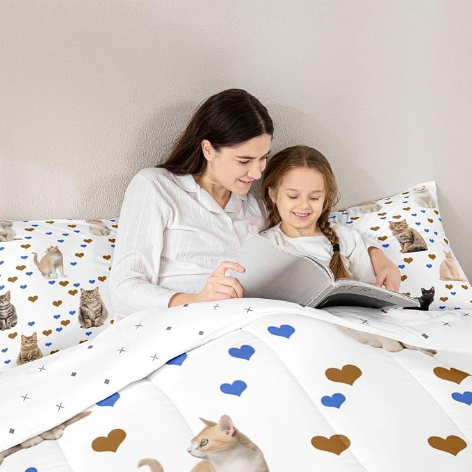 Feelyou Cats Comforter for Women Kids Cute Cat Kawaii Toddler Bedding Bed Set Print 3D Animals Pattern Comforter Set Child Pet Kitten Lover Hearts Quilt Set Bedroom Collection 3Pcs Full Size - Image 6