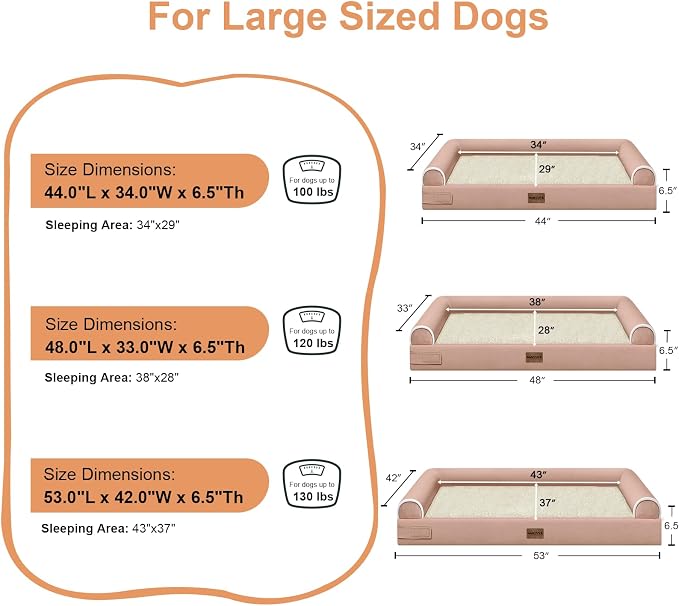 NANUYA Orthopedic Dog Bed for Jumbo Dogs, 53 x 42 Inch, Pink | Egg crate foam for joint support, 3-sided bolster pet sofa, waterproof lining, washable cover, and non-skid base - Image 6