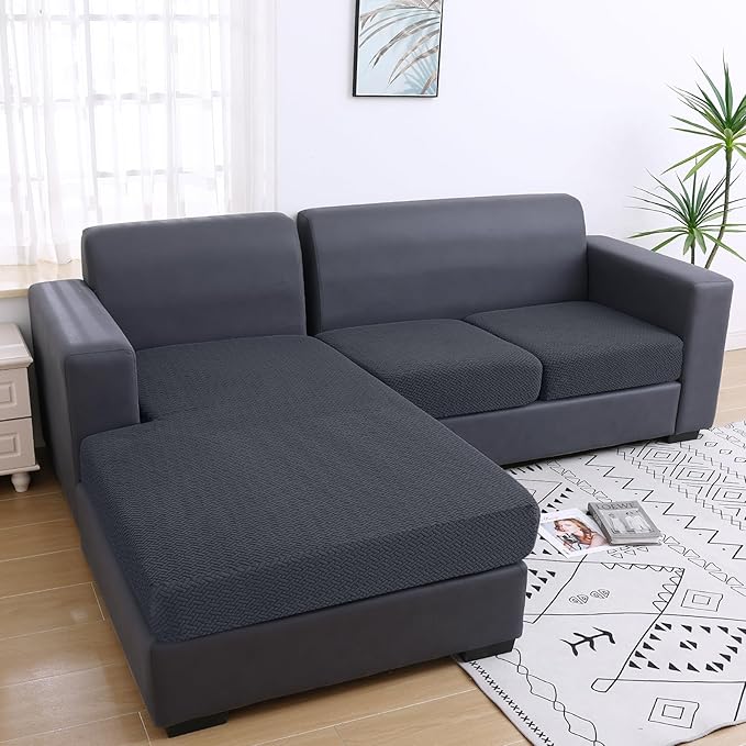 Smiry Waterproof Couch Cushion Covers, L Shape Sectional Couch Covers | Stretch Jacquard Chaise Lounge Sofa Slipcover, Washable Elastic Furniture Protector for Pets, Chaise XL, Dark Grey - Image 5