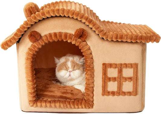 Jiupety Bear Cat Houses for Indoor Cats, Chimney Cute Cat Bed Cave, Enough Interior Space, Cartoon Soft Pet House Up to 3-15 lbs Puppy, Brown by JIUPETY