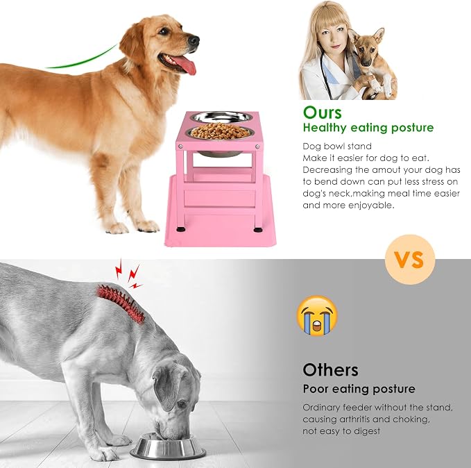 ADENGL Pink Metal Raised Dog Bowl Stand for Large Dogs, Stronger Elevated Dogs Bowls with Sprill Proof Mat, Food & Water Bowl 10in Tall Feeder (42OZ-Stainless Steel Dog Bowls, Mat-12x19 in) - Image 2