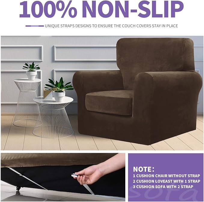 ZNSAYOTX Luxury Velvet Chair Slipcovers with Arms 2 Piece Stretch Chair Covers for Living Room Thick Soft Armchair Slipcover Anti Slip Pet Friendly Furniture Protector (Dark Coffee),30"-47"(1 Cushion) - Image 5