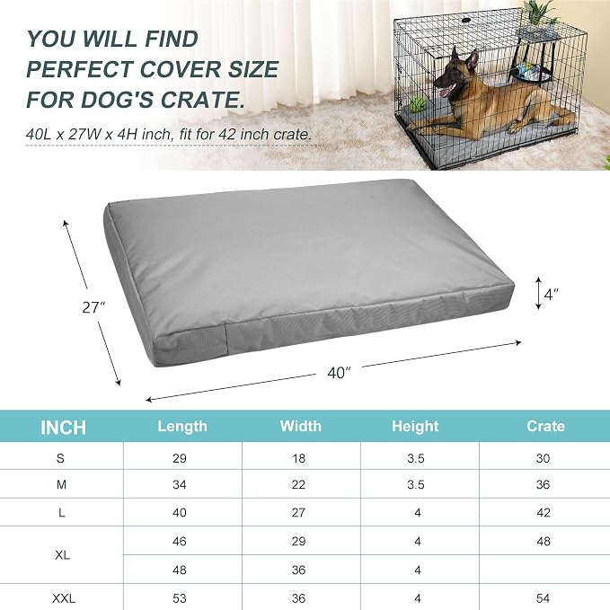 Explore Land Waterproof Dog Bed Cover Canvas Washable Dog Crate Pad Replacement Cover for 42 Inch Crate, 40Lx27Wx4H inch, Gray - Image 3