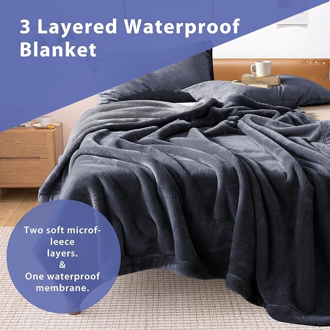 YISURE Waterproof Reversible Bed Blanket 90"x80", Slate Grey/Cool Grey | Large KingSize Squirt Blanket Stain & Leak Proof - Image 2