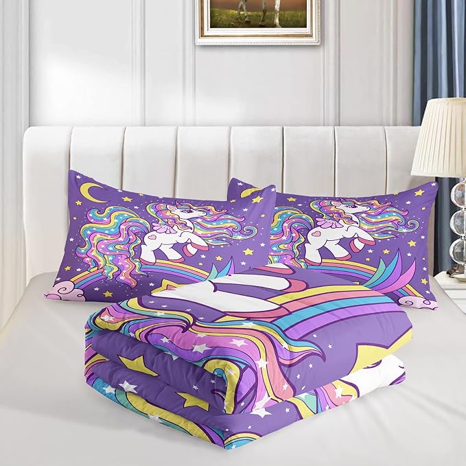QOOMO Unicorn Comforter Twin Size,Rainbow Unicorn Comforter Set for Kids Teens Girls,3Pcs Bedding Set Printed Comforter with 2 Pillowcases,Down Alternative,Soft and Lightweight，Twin Size - Image 4