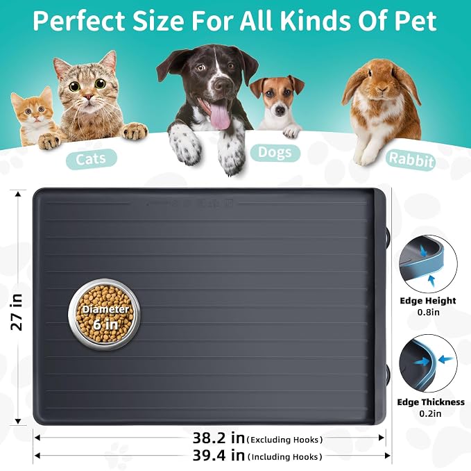 Dog Mat for Food and Water - 39.4" x 27" Large Pet Feeding Mats with Residue Collection Pocket - Waterproof Dog Cat Bowl Mat with High Edges to Prevent Water and Food Spills (Black) | Waterproof Pet Bowl Mat with Residue Collection Pocket and High Edge... - Image 2