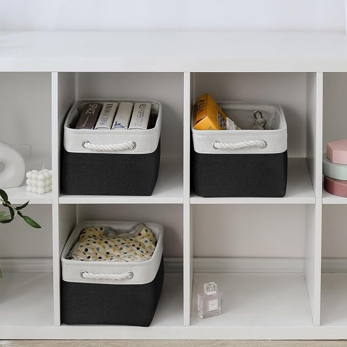 TheWarmHome Storage Basket for Organizing - 3 Pack 13.8x9.8x6.7 inch Medium Collapsible Storage Bin for Shelves with Handles Organizer Closet Cubes Cloth Gift Toy (White & Black) - Image 4
