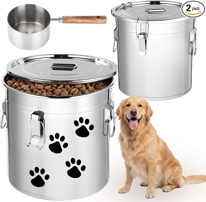 Lounsweer 2 Pack 8.9+5.5 Gal Stainless Steel Dog Food Storage Container with Lid and Locking Clamp 33L+21L Metal Airtight Container Large Stainless Steel Bucket with Food Scoop for Pet Feed by Lounsweer