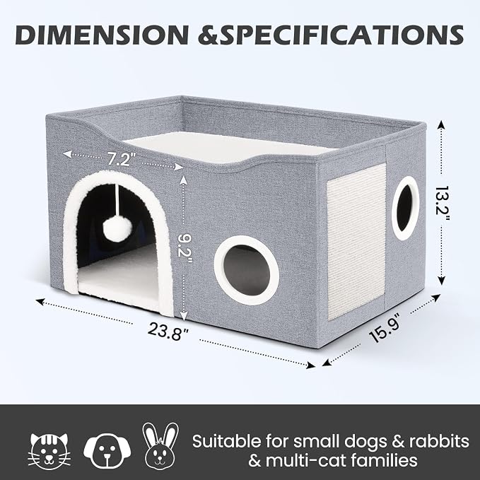 Heeyoo Cat House for Indoor Cats - Large Cat Bed Cave with Fluffy Ball and Scratch Pad, Foldable Cats Houses & Condos, Cat Hideaway, Covered Kitty Bed for Multi Small Large Kitty, 23.8x15.9x13.2 Inch - Image 4