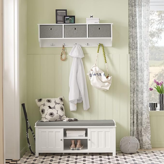 Haotian SoBuy Wall Shelf with Hooks, Coat Rack Wall Mounted with Shelf | Wall Cubby Storage Organizer with 3 open wall cubbies and 5 sturdy hooks, White, FRG282-W - Image 6
