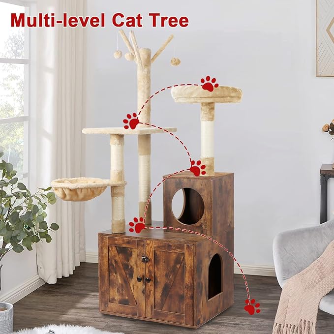 Timberer Cat Tree Tower with Litter Box Enclosure, 2-in-1 Wooden Cat Condo with Sisal Scratching Post, Hammock, Brown - Image 3