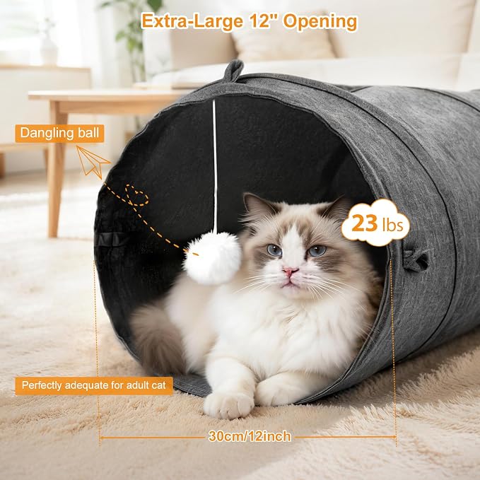 Ownpets Cat Tunnel 12 Inches in Diameter Larger Pet Tunnel Tube with Plush Ball & Feather Toy, U-Shaped Cat Play Tunnel for Big Cat, Puppy and Rabbits - Image 2