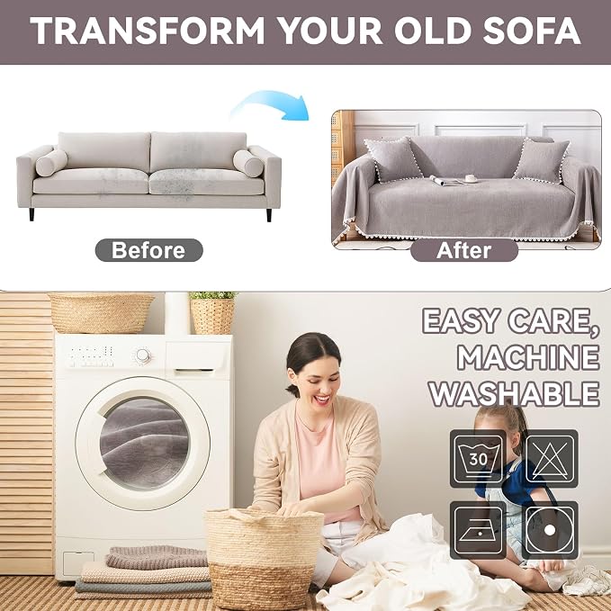 VClife Oversize Couch Cover Washable Sofa Cover for Dog Cat, Soft Chenille Couch Cover for 3-4 Cushion Couch Sofa Pet Friendly Slip Cover Furniture Protector for Home Living Room, Gray, 71"X150" - Image 7