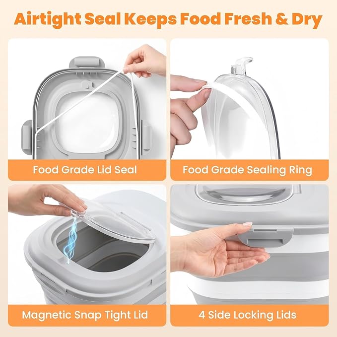 28 Lbs Dog Food Storage Container, Collapsible Cat Food Container | Airtight Pet Food Storage Containers with Wheels, Clear Window, Measuring Cup and Scoop, BPA Free for Rice, Flour, Bird Seed - Image 3