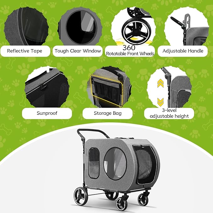 Large Dog Stroller for Medium Dogs，Pet Stroller for 2 Small Dogs, Foldable Jogger Wagon with Detachable Carrier for Car Seat, Adjustable Handle, Up to 90 lbs, Gray