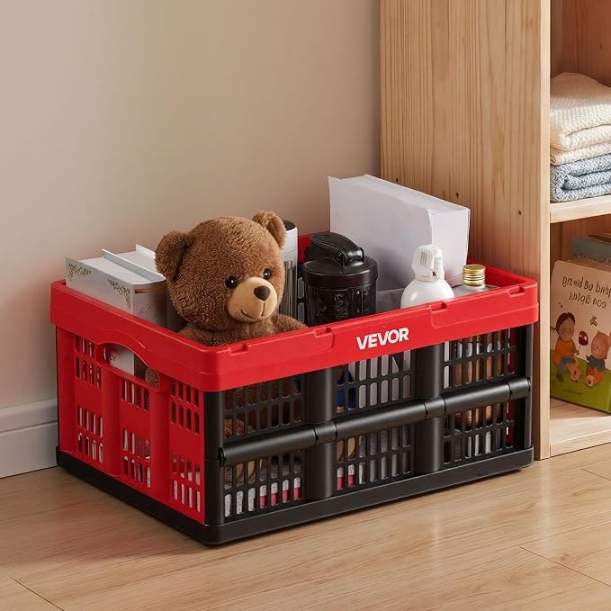 VEVOR Plastic Collapsible Storage Bins, 32L 3 Packs, Stackable Folding Storage Crates with Handles, Holds 26 lbs Per Bin, Foldable Heavy Duty Containers, Space-Saving Baskets, for Home Organizing - Image 8