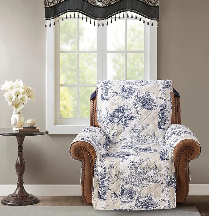 Brilliant Sunshine Blue Toile Couch Recliner Cover, Beige Ivory, 28" seat | Non Slip Sofa Cover, Quilted Furniture Protector, Large Washable Reclining Chair Slipcover for Pets, Dogs & Cats - Image 2