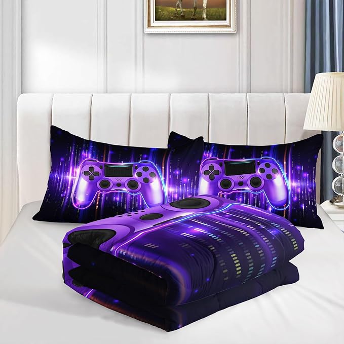 3D Gamepad Comforter Set Cool Purple Game Printed Bedding Set with 1 Comforter and 2 Pillowcases for Boys and Girls Bedroom All Season(Gamepad Twin) - Image 4