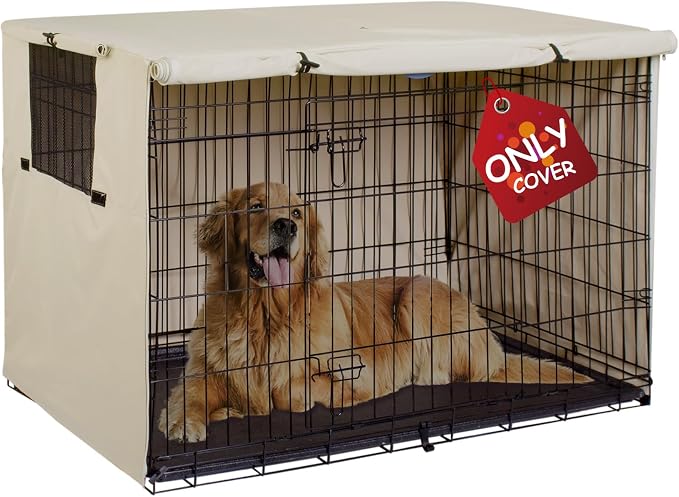 Explore Land 42 inches Dog Crate Cover Heavy Duty Polyester Pet Kennel Sunshade Universal Fit for Wire Cage (Light Tan) by ExploreLand