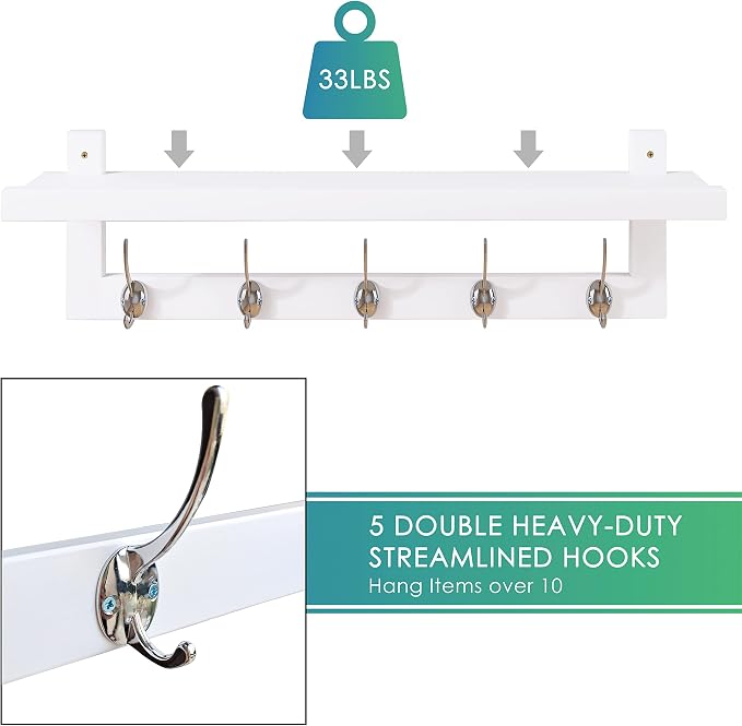 SMIBUY Coat Hooks with Shelf Wall-Mounted, 29.2 Inch Entryway Coat Rack for Wall, Bamboo Hanging Shelf with 5 Double Metal Hooks for Bathroom, Bedroom, Kitchen, Living Room, Mudroom (White) - Image 7