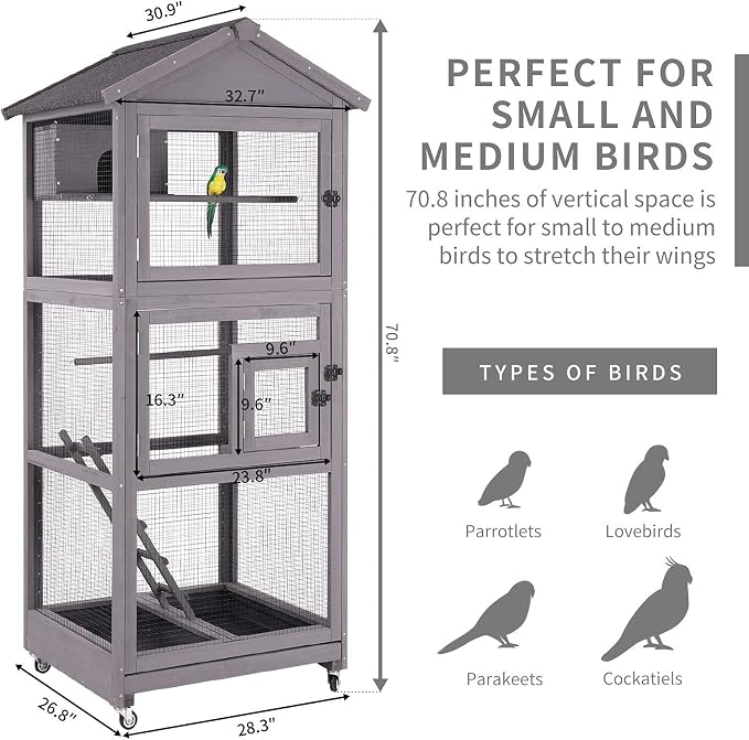 Aivituvin Outdoor Bird Cage Large Wooden Bird Aviary with Perch for Parakeet,Macaw and Any Small Birds,Wire Netting Above The Tray,Prevent Escape - Image 3