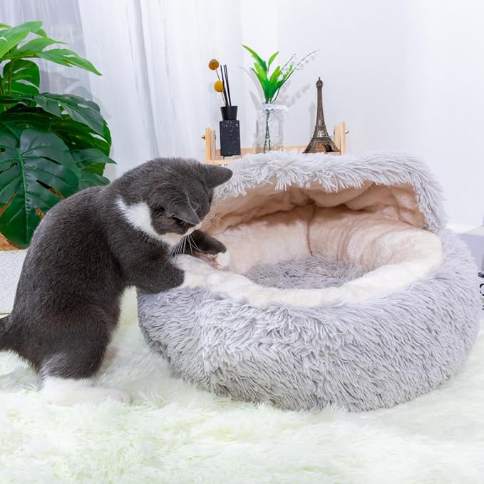 PetPals Round Cat Bed with Hoodie Cover and Removeable Washable Cushion | Super Soft Faux Fur Pet Bed with Cover for Puppies and Kittens or Ferrets Small Pets with Anti-Slip Bottom, Light Gray - Image 4