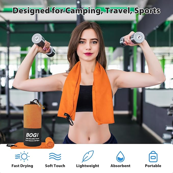 BOGI Microfiber Travel Sports Towel - Quick Dry, Soft Lightweight, Compact for Camping, Gym, Yoga, Swimming, Backpacking (L:60''x30''+16''x16'' - Orange) - Image 6