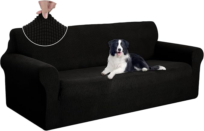 U-NICE HOME Oversized Stretch Couch Cover Slipcover, Black | 3 Cushion Sofa, 1-Piece Sofa cover, Washable, Pet friendly, Furniture protector, Polyester Spandex Jacquard fabric by U-NICEHOME