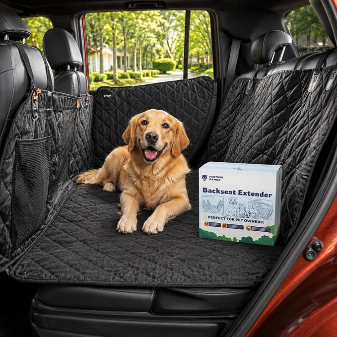Panther Armor Dog Car Seat Cover, Hard Bottom Backseat Extender, Black | Waterproof bench seat protector with 2 door protectors. Foldable 8-panel dog hammock. Washable by PantherArmor