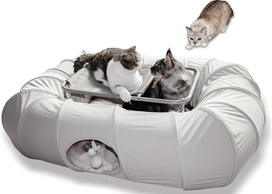 XxingSheep 2-Tier Cat Tunnel & Hammock Bed XXL, 4 Cave Shuttle with Elevated for Multiple Cats Toy Light Grey by XxingSheep