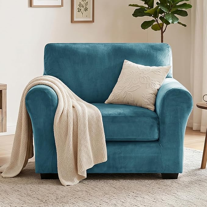 XINEAGE 2-Piece Velvet Armchair Sofa Cover,Couch Cover for Dog,Peacock Blue | 1 Cushion Chair,Stretch Non-slip Elastic, Pet-friendly, Washable, Fast Setup, Soft Plush Fabric, Furniture Protector. - Image 4