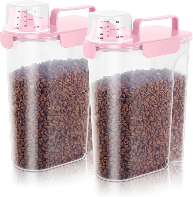 5-7LBS/6Qt Dog Cat Storage Container Portable with Upgraded Large Spout and Cup, Plastic Pet Food Dispenser for Small Animal Kibble, Bird Seed, Oatmeal, Rice, Flour, Brown Sugart-2 pack Smoky Pink by LEAWALK