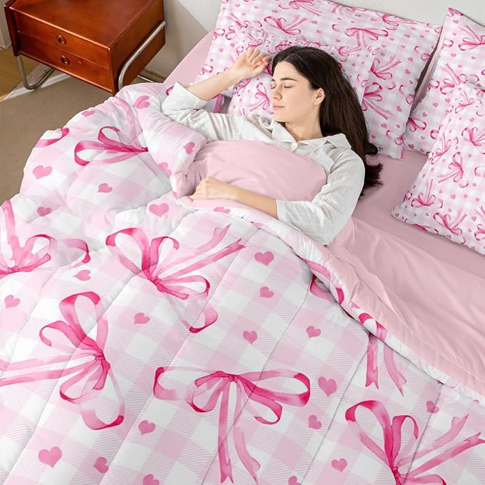 Erosebridal Pink Bow 7 Piece Comforter Set Full Bowknot Ribbon Bedding Set for Girls Coquette Room Decor Plaid Grid Heart Pattern Bed in A Bag Bowtie Princess Soft Cozy Sheet Set with Comforter - Image 5