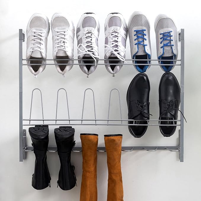 MyGift Wall Mounted Silver Metal Shoe & Boot Rack Organizer, 9 Pairs | Vertical footwear storage keeps shoes and boots neatly organized while maximizing floor space in closets, mudrooms, and entry - Image 4