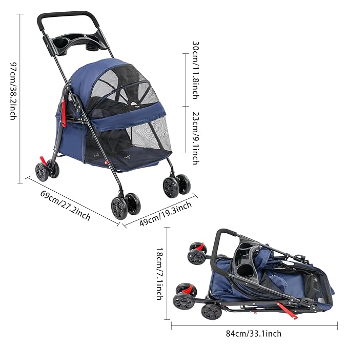 Dog Stroller with Casters, 40LBS Capacity Foldable Cat Pet Stroller with Storage Basket&Cup Holder, Foam Handle, Steel Frame for Small Medium Dogs Cats(Blue)