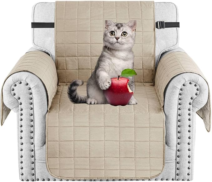 MAXIJIN Waterproof Chair Cover Slipcovers for Pets Dogs, 23.5" Quilted Armchair Sofa Cover Washable Dog Couch Covers Protector with Elastic Strap & Side Pocket (Chair, Khaki) by MAXIJIN