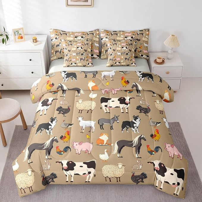 Erosebridal Farm Animal Comforter Sets with Sheets, Cartoon Animals Bedding Set Queen Size for Boys Girls Funny Country Theme 7Pcs Bed in A Bag Cute Pig Cow Print Dog Rooster Bed Set by Erosebridal