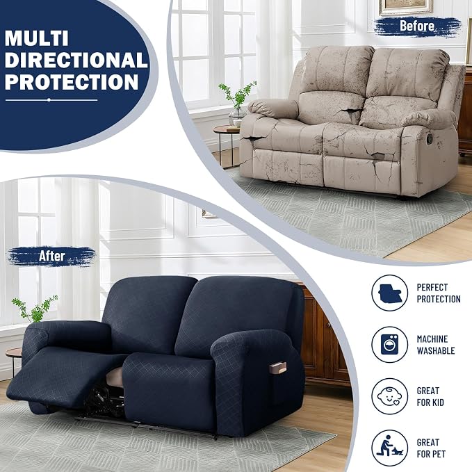 vctops Diamond Recliner Loveseat Slipcover 6-Pieces Stretch Dual Recliner Sofa Covers for 2 Seat Dual Reclining Loveseat Couch Soft Solid Furniture Protector (Navy,2 Seat) - Image 5