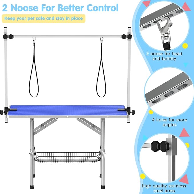 Lyromix 42'' Foldable Dog Grooming Table with Arms/Nooses/Mesh Tray, Blue | Stainless Steel Grooming Table for Dogs at Home, Adjustable Pet Bathing Station, Non-Slip Waterproof Tabletop, Capacity 330Lb - Image 2
